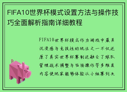FIFA10世界杯模式设置方法与操作技巧全面解析指南详细教程